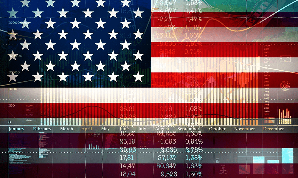 USA flag overlaying financial data graphics.
